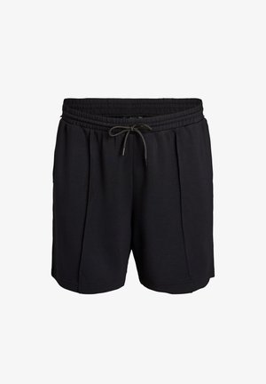 Juodi laisvalaikio šortai su elastine juosmens juosta ir raišteliu, turintys vertikalių siūlių detales ir laisvą kirpimą.