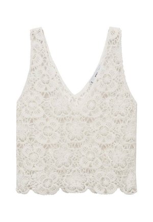 Biały bezrękawnik z szydełkowaną tkaniną, z dekoltem w serek, ozdobiony kwiatowymi koronkowymi wzorami i falbankowym dołem.