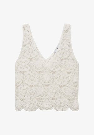 Witte mouwloze gehaakte top met V-hals, met bloemmotieven in kant en een gegolfde zoom.