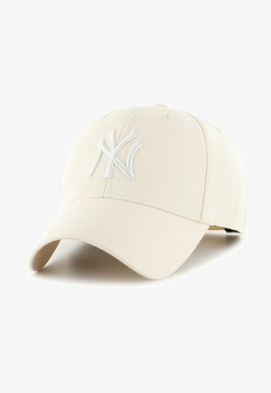 Boné bege de beisebol com aba curva e logótipo NY em branco bordado na parte da frente. Feito de tecido durável com uma textura suave.