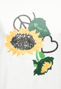 Ηλίανθος με πράσινα φύλλα, ένα σύμβολο ειρήνης και ένα σχήμα καρδιάς με μαύρο περίγραμμα σε λευκό φόντο.