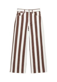 Pantalon à jambes larges avec des rayures verticales marron et blanches, poches avant, passants de ceinture et fermeture à bouton à la taille.