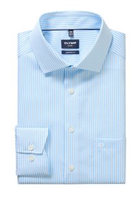 Light blue and white vertically striped men's dress shirt, folded, with buttoned cuffs and spread collar, modern fit by Olymp Luxor.