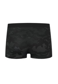 Boxer shorts in camouflage nero con una texture liscia, cintura elastica e gambe corte, caratterizzati da un motivo sottile in diverse sfumature di nero.
