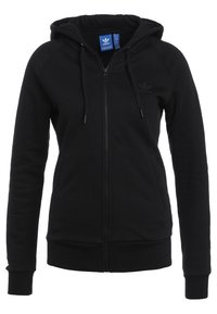 Musta vetoketjullinen huppari, jossa on kiristettävä huppu, slim fit -malli, ribbed-hihansuut, etutaskut ja hillitty logo rinnassa. Pehmeä, sileä kangas.