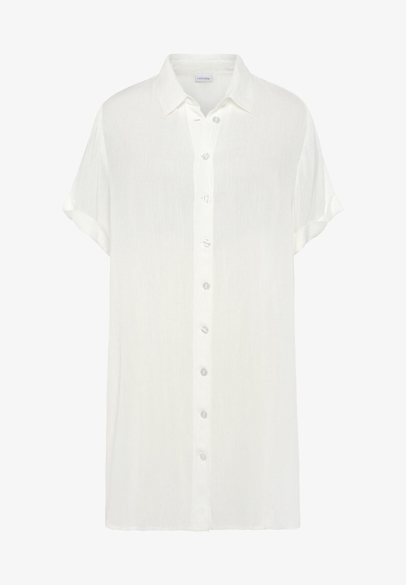 Chemise blanche à manches courtes avec col et poignets retroussés, présentée sur un fond uni.