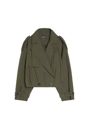 Olivengrøn cropped jakke med dobbeltradet lukning, brede revers, skulderepauletter og manchetter med knapper, fremstillet i tekstureret stof.