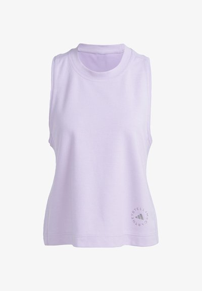 Heledad lavendlitop pehmest kangast, ümmarguse kaelusega ja logo detailiga allääres. Sile tekstuur, casual sobivus.