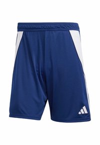 Shorts de sport navy avec des accents latéraux blancs, taille élastique et une légère brillance. Présente le logo Adidas en blanc sur la jambe inférieure gauche.