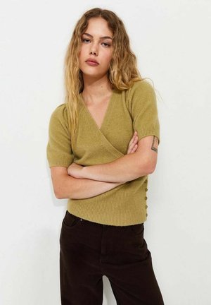 New Look, WRAP FRONT PUFF SLEEVE KNITTED TOP - Cardigan - green