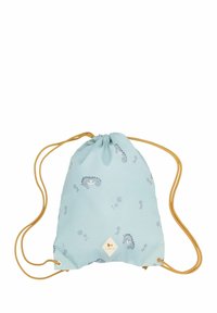 Vaaleansininen nauhallinen laukku, valmistettu sileästä kankaasta, jossa on merihevosen kuvio ja kuplia, ja vaaleanruskeat nyörit sekä timantinmuotoinen logolappu.