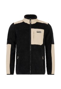 Chaqueta de forro polar negra y beig con cremallera frontal completa, bolsillo en el pecho con cremallera, bolsillos laterales y el logo "PRO TEST" en el parche del pecho.