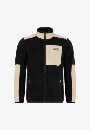 Giacca in fleece nera e beige con zip frontale completa, tasca sul petto con zip, tasche laterali e logo "PRO TEST" su toppa al petto.