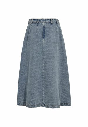Hoher Taillenrock in A-Linie aus strukturiertem hellblauem Denim mit Gürtelschlaufen und einer dezenten verblassten vertikalen Naht in der Mitte.