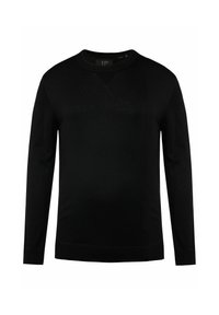 Maglione nero a maniche lunghe in morbido tessuto con collo tondo, polsini a coste e un sottile motivo testurizzato sulla parte anteriore.