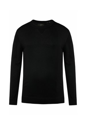 Black long-sleeve sweater made of soft fabric with a round neck, ribbed cuffs, and a subtle textured pattern on the front.