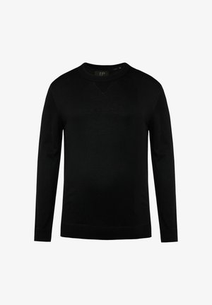 Maglione nero a maniche lunghe in morbido tessuto con collo tondo, polsini a coste e un sottile motivo testurizzato sulla parte anteriore.