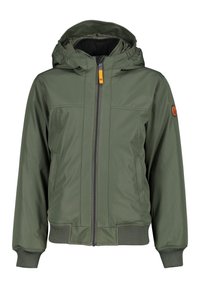 Zelená nepromokavá bunda s kapucí, předním zapínáním na zip, dvěma předními kapsami a elastickými manžetami. Zip zdobí oranžový akcent.