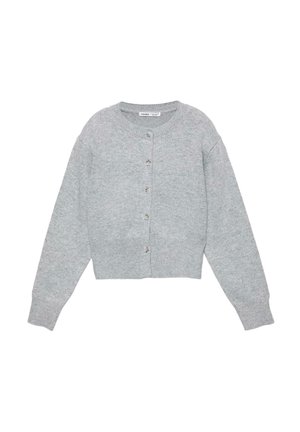 Cardigan tricotat gri deschis, cu mâneci lungi, decolteu rotund și cinci nasturi în față, croială scurtă.