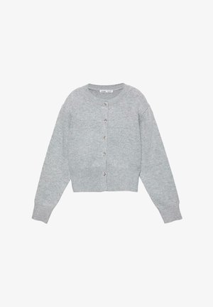 Lichtgrijze gebreide cardigan met lange mouwen, ronde hals en vijf knopen aan de voorkant, cropped fit.