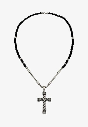 Collana con perle nere e accenti metallici e un ciondolo a croce a strisce argento. Presenta materiali alternati e una chiusura a moschettone.