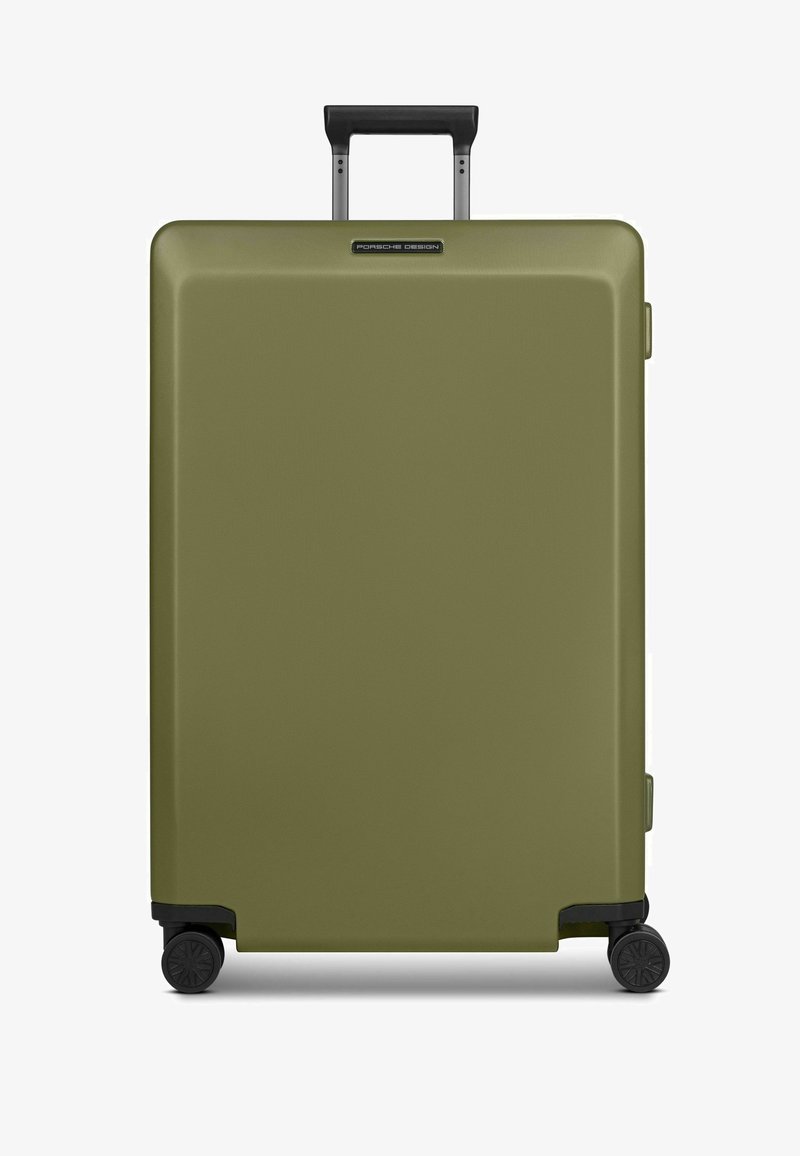 Valigia rigida verde oliva con superficie testurizzata, manico nero retrattile, quattro ruote e logo sul davanti.