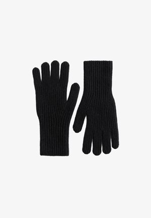 Schwarze gerippte Strickhandschuhe mit einer weichen Textur, die vollständigen Finger-Schutz bieten und am Handgelenk gut anliegen.