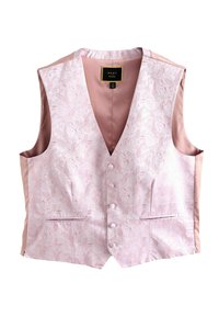 Hellrosa Weste mit Blumenmuster, satinähnlicher Textur und sechs Knöpfen. Verfügt über zwei Fronttaschen und ein tiefes V-Ausschnitt-Design.