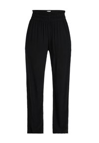 Pantaloni neri, aderenti e morbidi in vita. Realizzati in tessuto morbido, hanno gambe dritte e nessun motivo o accessorio visibile.