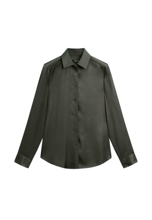 Dark green satin shirt with a collared neckline, long sleeves, and button front closure; features a smooth, glossy texture.