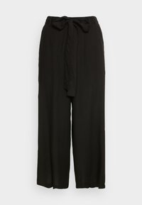 Pantaloni neri a gamba larga realizzati in un tessuto leggero, con vita regolabile e una texture liscia. Design semplice senza pattern visibili o accessori.