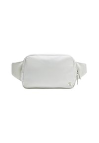 White fabric fanny pack with a smooth texture, zip closure, adjustable strap, and a small logo accent on the front.