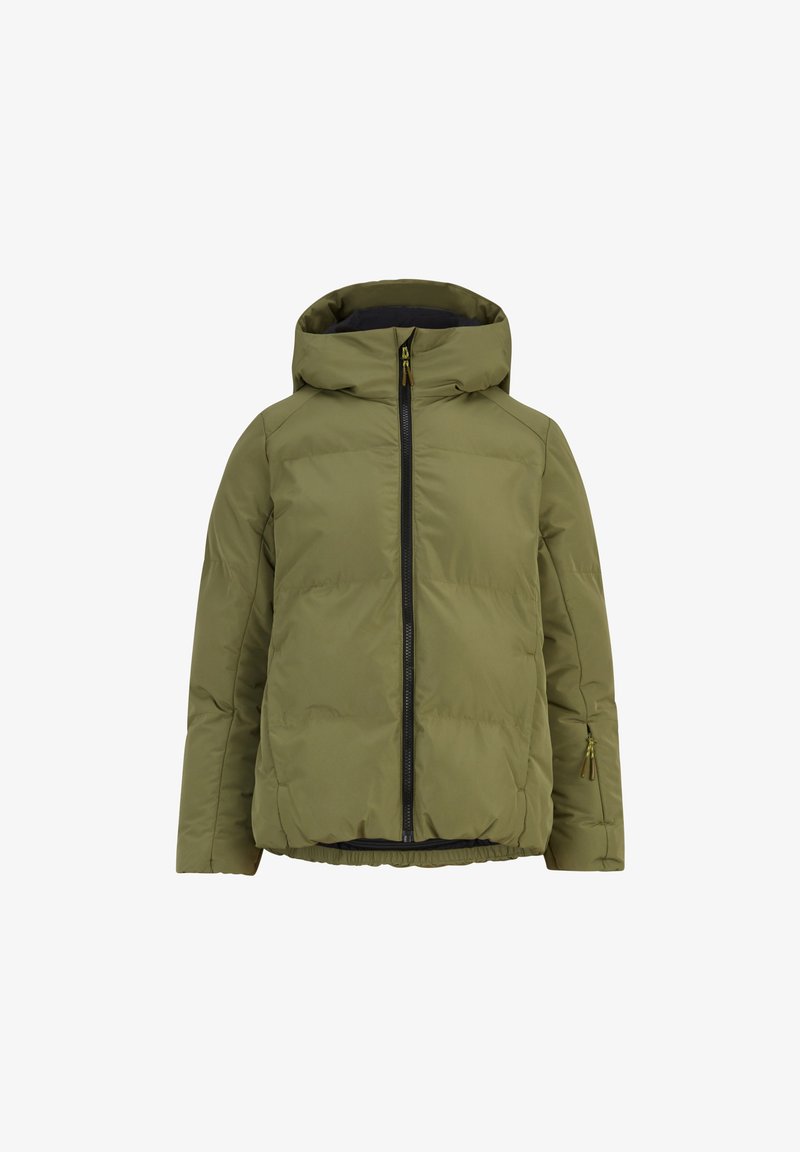 Olivgrüner Pufferjacke mit anliegendem Kapuzen, Frontreißverschluss, elastischem Saum und seitlichen Reißverschlusstaschen. Weicher Stoff mit gestepptem Muster.
