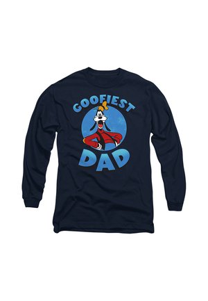 Navy blue long-sleeve shirt with cartoon Goofy wearing a hat, text above and below reads "Goofiest Dad" in blue letters.