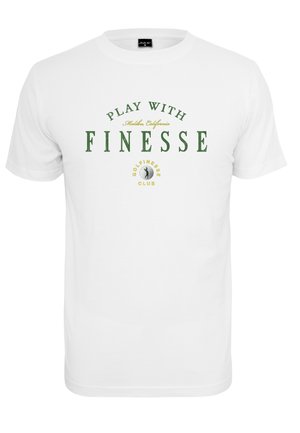 White cotton T-shirt with rounded neckline. Front features green and yellow text: "PLAY WITH FINESSE" and "GOLFINESSE CLUB" with golf icon logo.