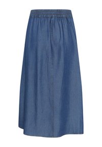 Denim A-linjainen hame, jossa on joustava vyötärö, keskikohdalla pesty, sileä pinta ja polvipituinen helma rentoon istuvuuteen.