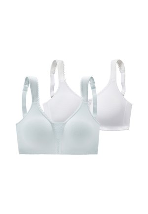 Two soft, wireless bras in white and light gray with adjustable straps and lace trim on a white background.