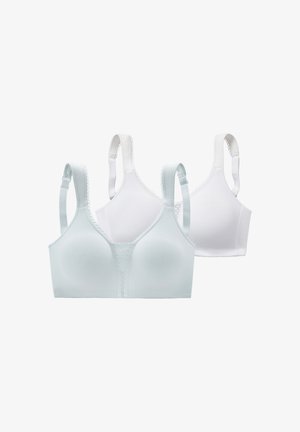Two soft, wireless bras in white and light gray with adjustable straps and lace trim on a white background.