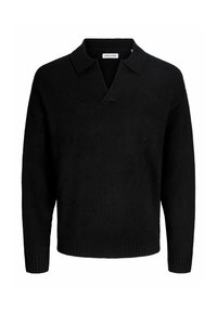 Czarny sweter z dzianiny z kołnierzykiem polo, o luźnym kroju, z prążkowanym dołem i mankietami oraz miękką teksturą. Metka głosi "JACK & JONES."