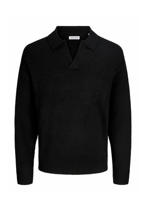 Pullover nero a maglia con colletto polo, caratterizzato da una vestibilità rilassata, orlo e polsini a coste e una texture morbida. L'etichetta riporta "JACK & JONES."