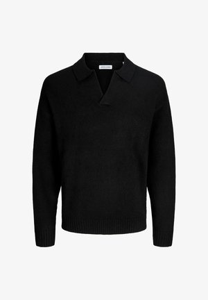 Black knit pullover with a polo collar, featuring a relaxed fit, ribbed hem and cuffs, and a soft texture. Label reads "JACK & JONES."