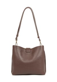 Brown leather handbag with a textured finish, curved top, and a single shoulder strap. Clasp closure at the top center.