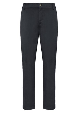 Donkergrijze, rechte broek gemaakt van lichtgewicht stof. Voorzien van een knoopsluiting en zijzakken. Gladde textuur met minimale detailing.