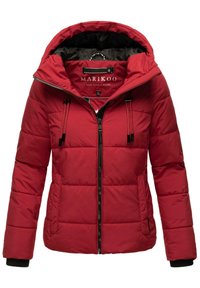 Red puffer jacket with a hood, made from quilted material. Features black zipper, drawstrings, and black cuffs. Lined with black fabric.