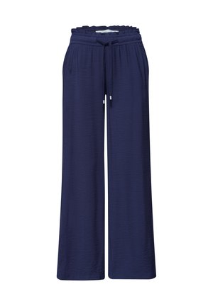 Pantalones azules marinos de pierna ancha con cintura elástica fruncida y cordón delantero, confeccionados en tejido texturizado.