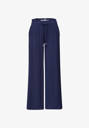 Pantaloni blu navy a gamba larga con fascia elastica arricciata in vita e laccio anteriore, realizzati in tessuto strutturato.