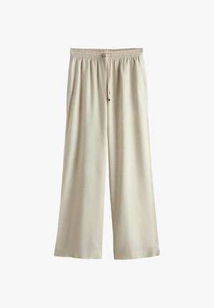 Beežid laiad püksid kummipaela ja nööriga, küljetaskutega, valge tausta ees eksponeeritud.