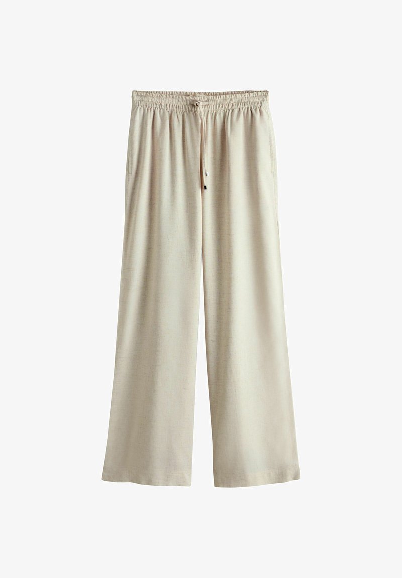 Pantalon beige à jambes larges avec taille élastique et cordon de serrage, doté de poches latérales, présenté sur un fond blanc.