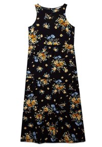 Vestido sin mangas con estampado floral que presenta un fondo negro, flores amarillas y azules, diseño en capas y un escote redondo.
