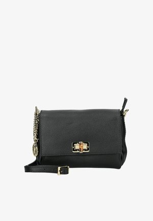 Borsa a tracolla nera in pelle con finitura testurizzata, hardware dorato, catena e tracolla, dotata di chiusura rettangolare e dettaglio del logo.